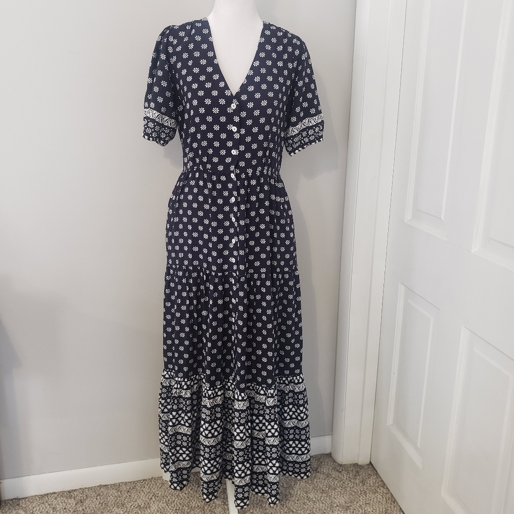 Flag & Anthem Womens Maxi Dress SM‎ Floral Full Button Tiered Cottagecore Prarie